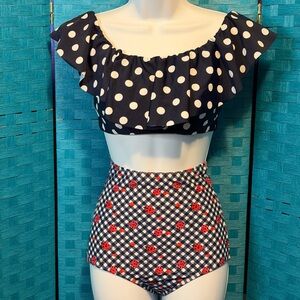 Unique Vintage Retro Bikini Set Navy Dot Gingham Ladybug New